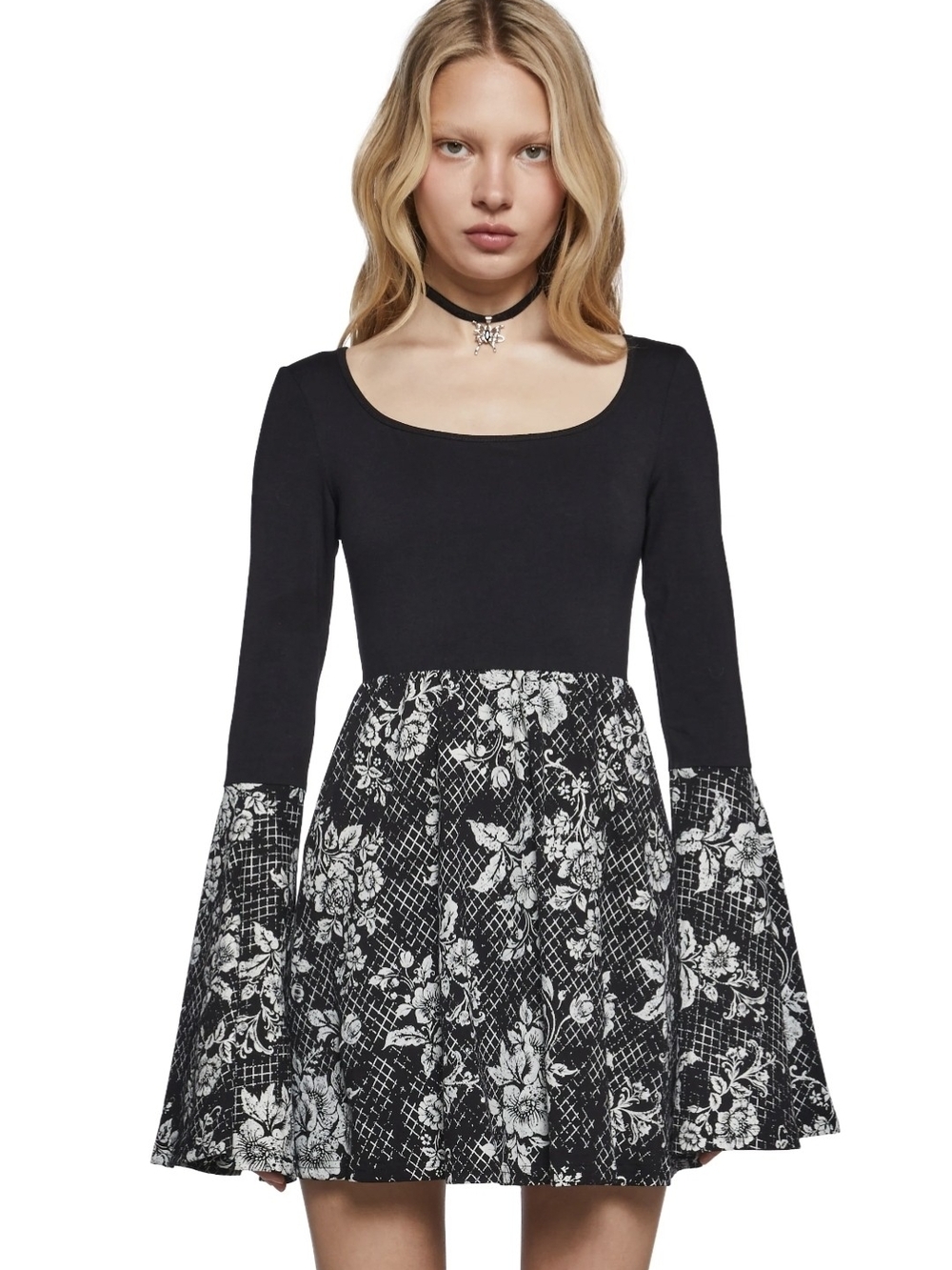 dELiA*s Black Floral Bell-Sleeve Skater Dress